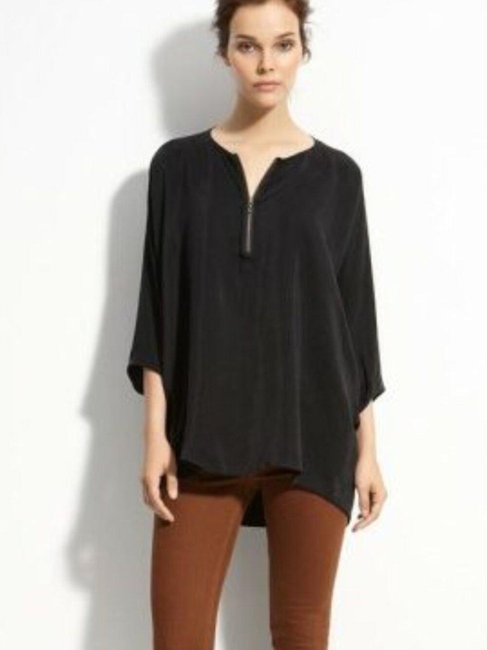 Vince Black Silk 3/4 Length Dolman Sleeve Top Tunic